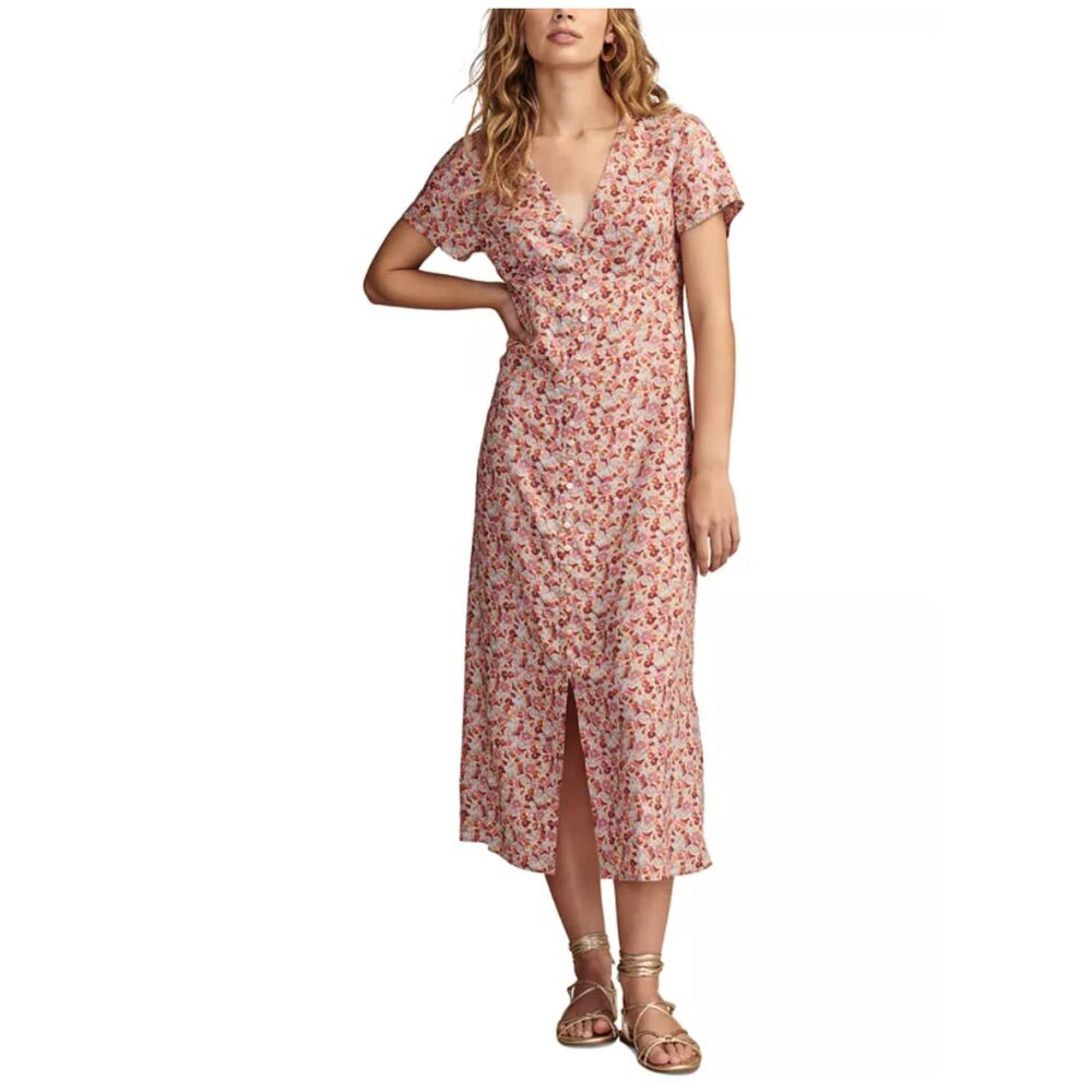Lucky Brand Women's Medium Pink Floral Button Front Corset Back Midi Dress